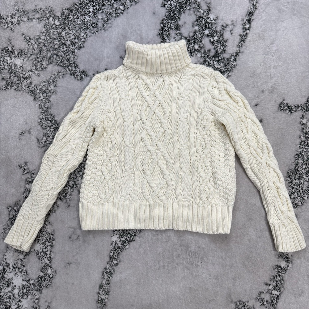Lands End Drifter Womens M 1-12 Cable Knit Turtlneck Sweater Ivory 100% Cotton